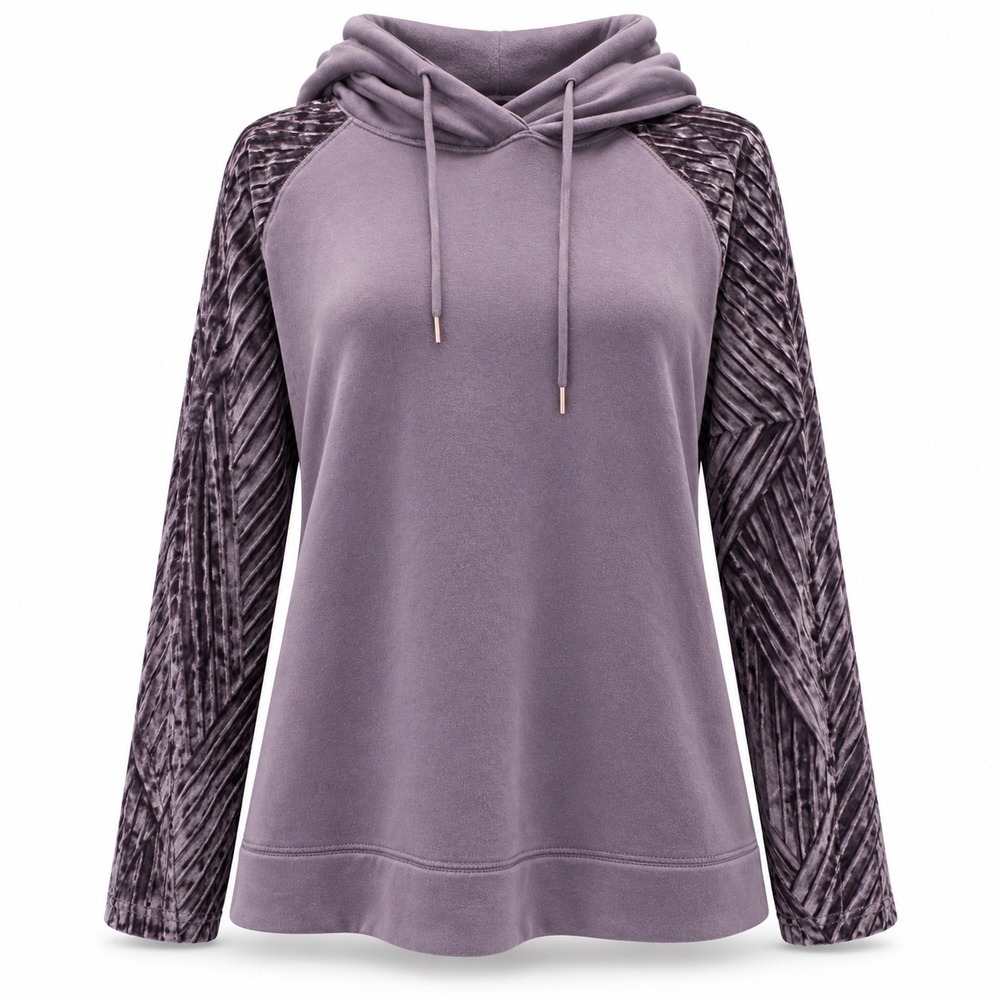 CALIA Hoodie Mauve Purple Pleated Velvet Raglan Sleeve Pullover Elevated Basic